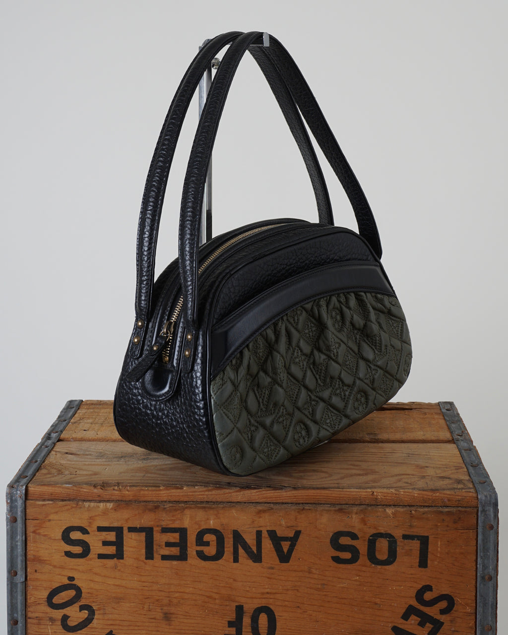 2005 KLARA VIENNA BLACK & OLIVE QUILTED MONOGRAM LAMBSKIN BOWLER HANDBAG