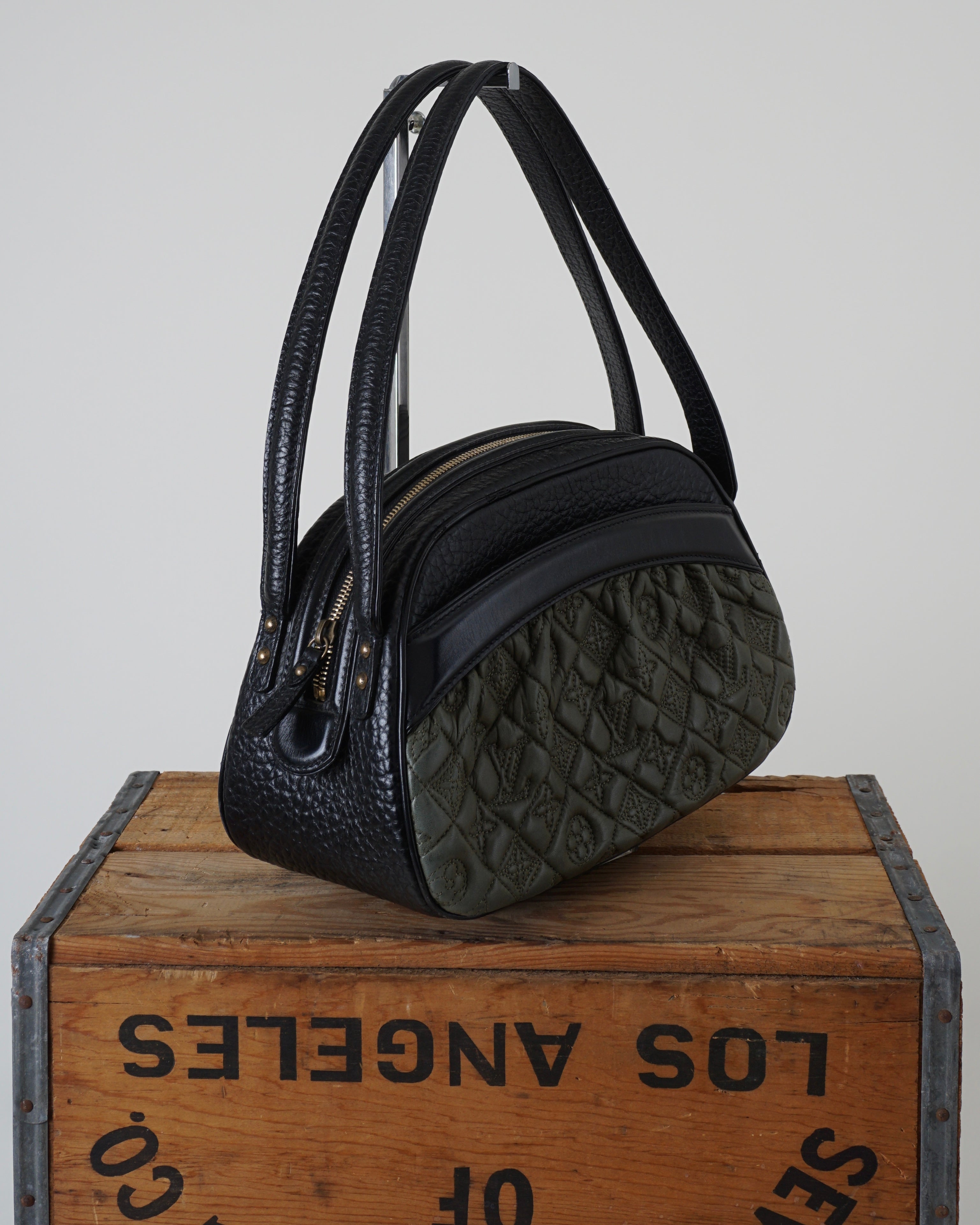 2005 KLARA VIENNA BLACK & OLIVE QUILTED MONOGRAM LAMBSKIN BOWLER HANDBAG