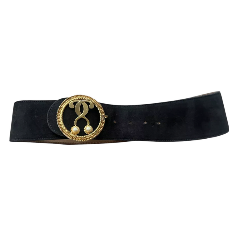 90s MOSCHINO QUESTION MARK GOLD PEARL THICK SUEDE BELT