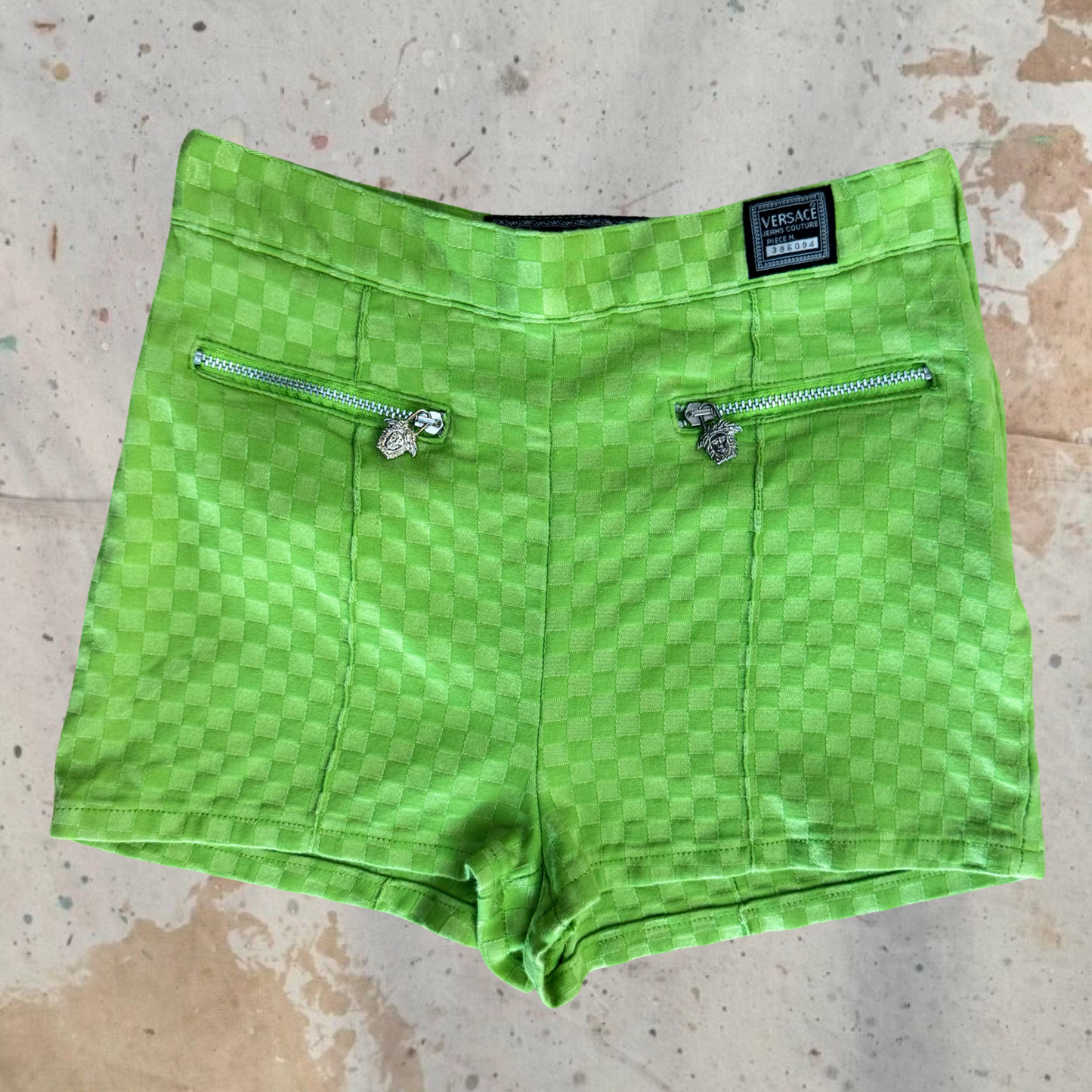 1990s VERSACE LIME GREEN CHECKERBOARD MEDUSA ZIP HIGH WAISTED HOT SHORTS