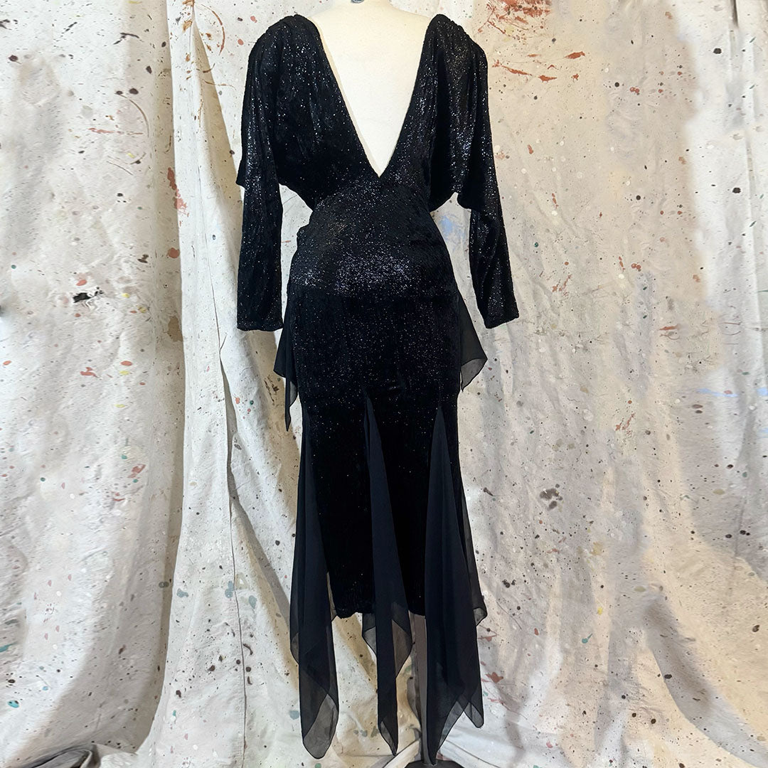70s / 80s ITALIAN SILK GLITTER LONG SLEEVE LOW PLUNGING FRONT BACK SILK TIERED DRESS