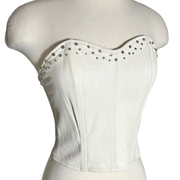 1980s WHITE LEATHER CRYSTAL STUDDED BUSTIER TOP