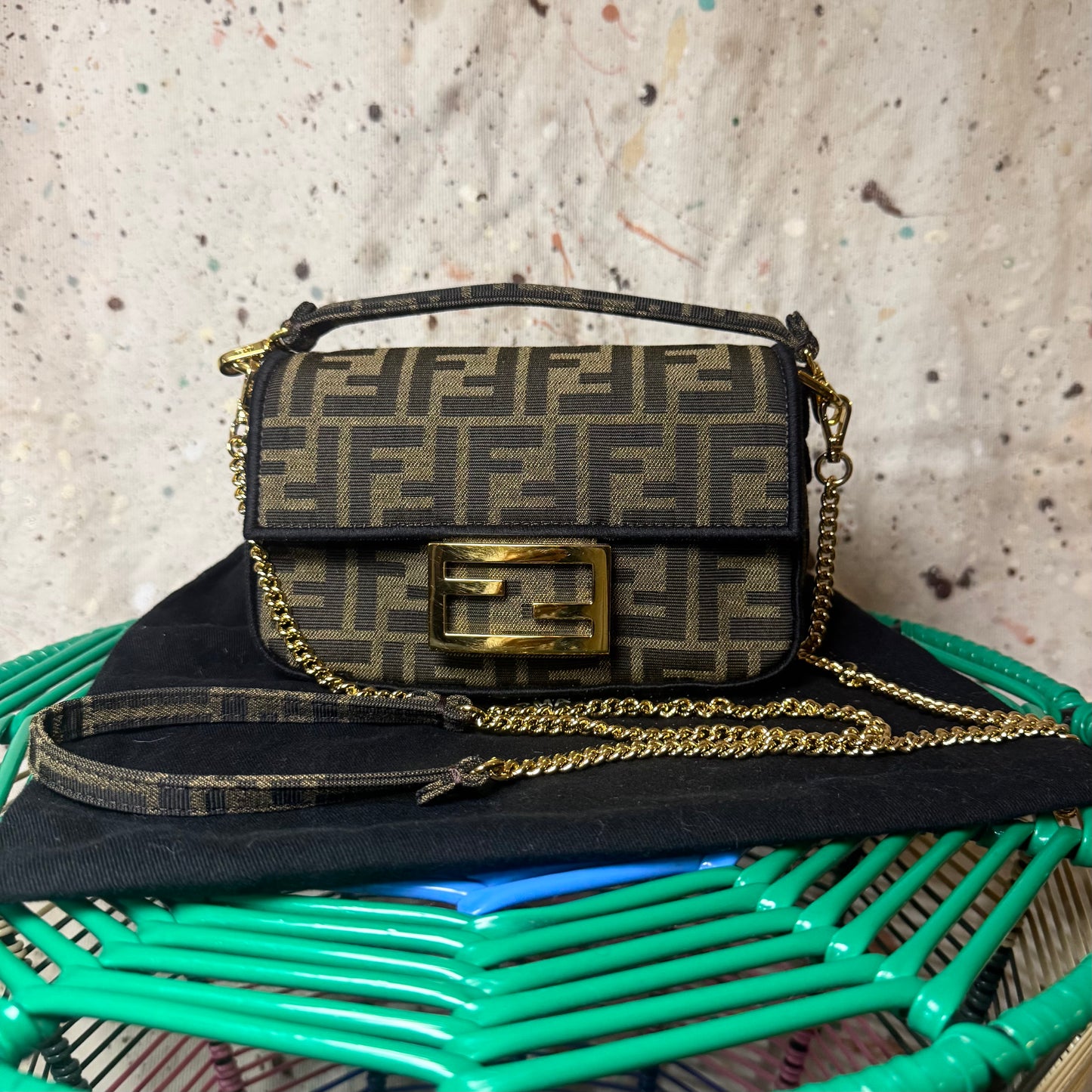 FENDI MINI BROWN FF MONOGRAM JACQUARD BAGUETTE