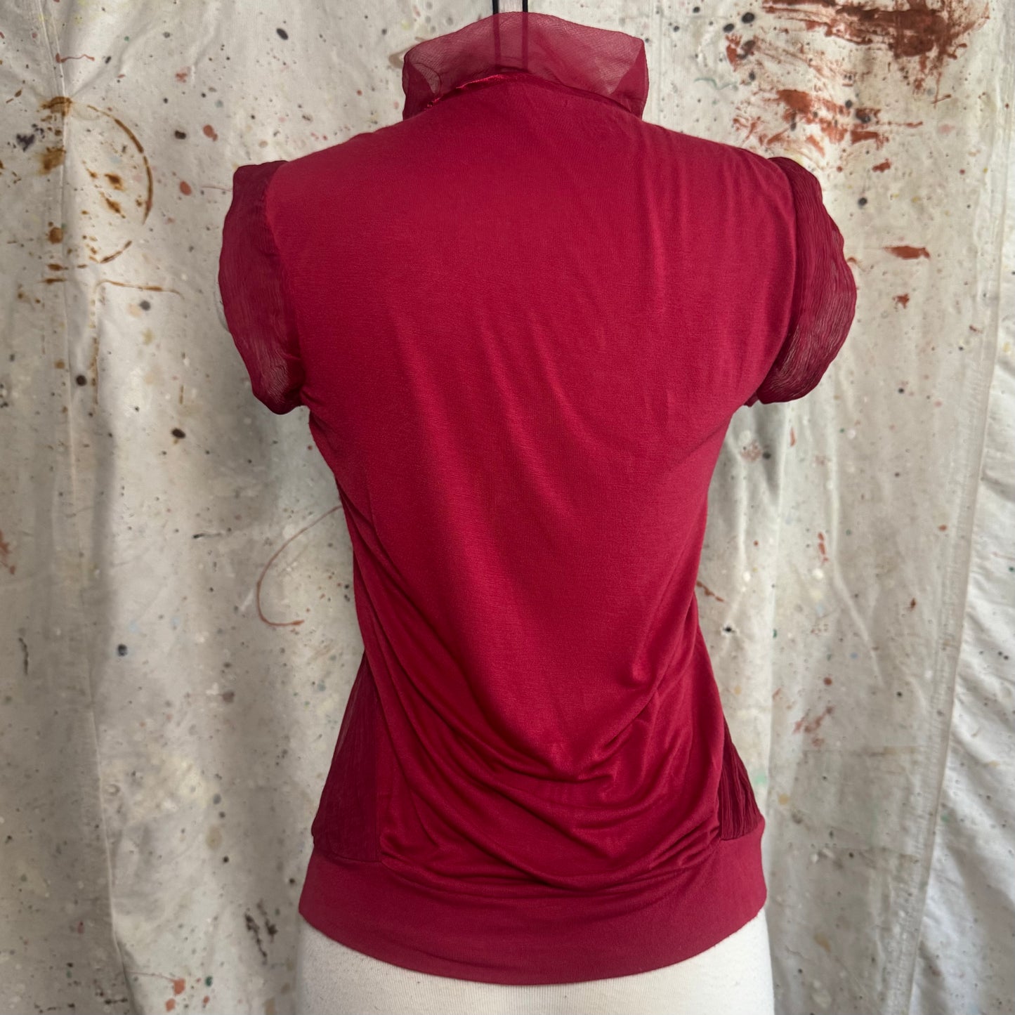 2000s JOHN GALLIANO BURGUNDY MESH TULLE BEADED FLOWER CREPE SILK TOP
