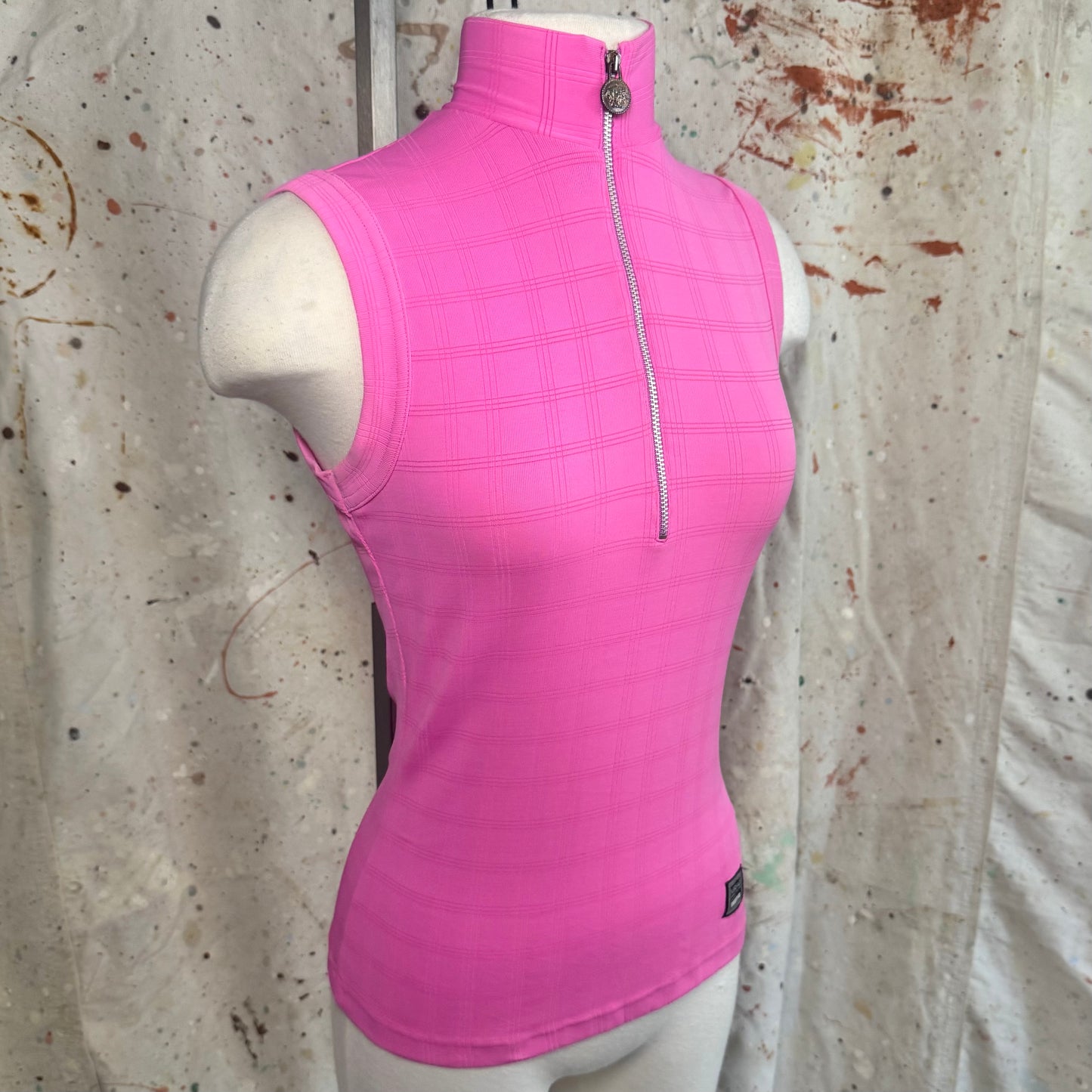 90s VERSACE JEANS COUTURE PINK MEDUSA HEAD RIBBED HALF ZIP TANK S