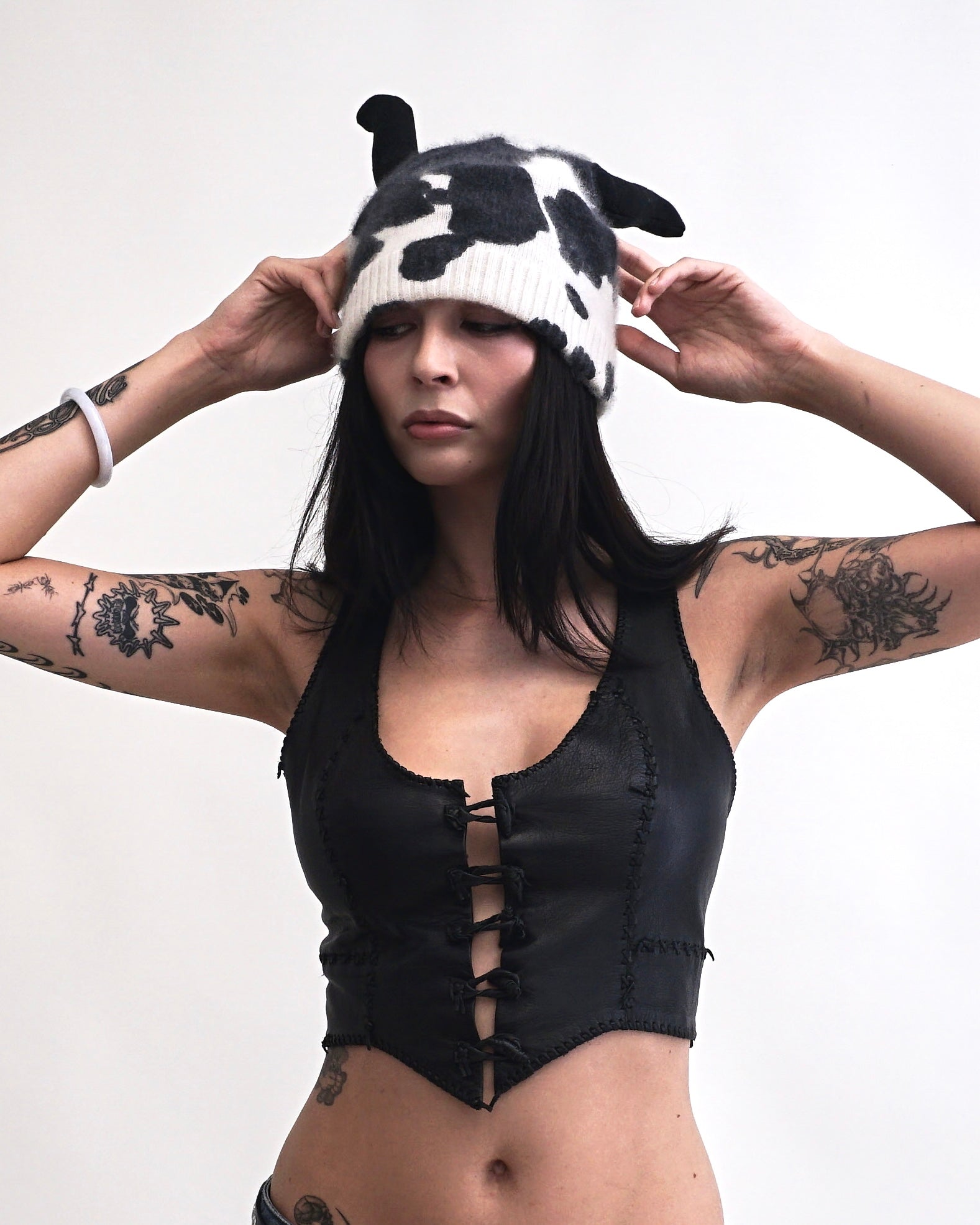 1993 Jean Paul Gaultier Maille Cow Printed Horn Beanie