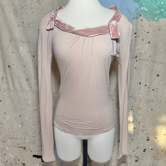 Gucci Tom Ford Dusty Pink Velvet Trim Long Sleeve Top