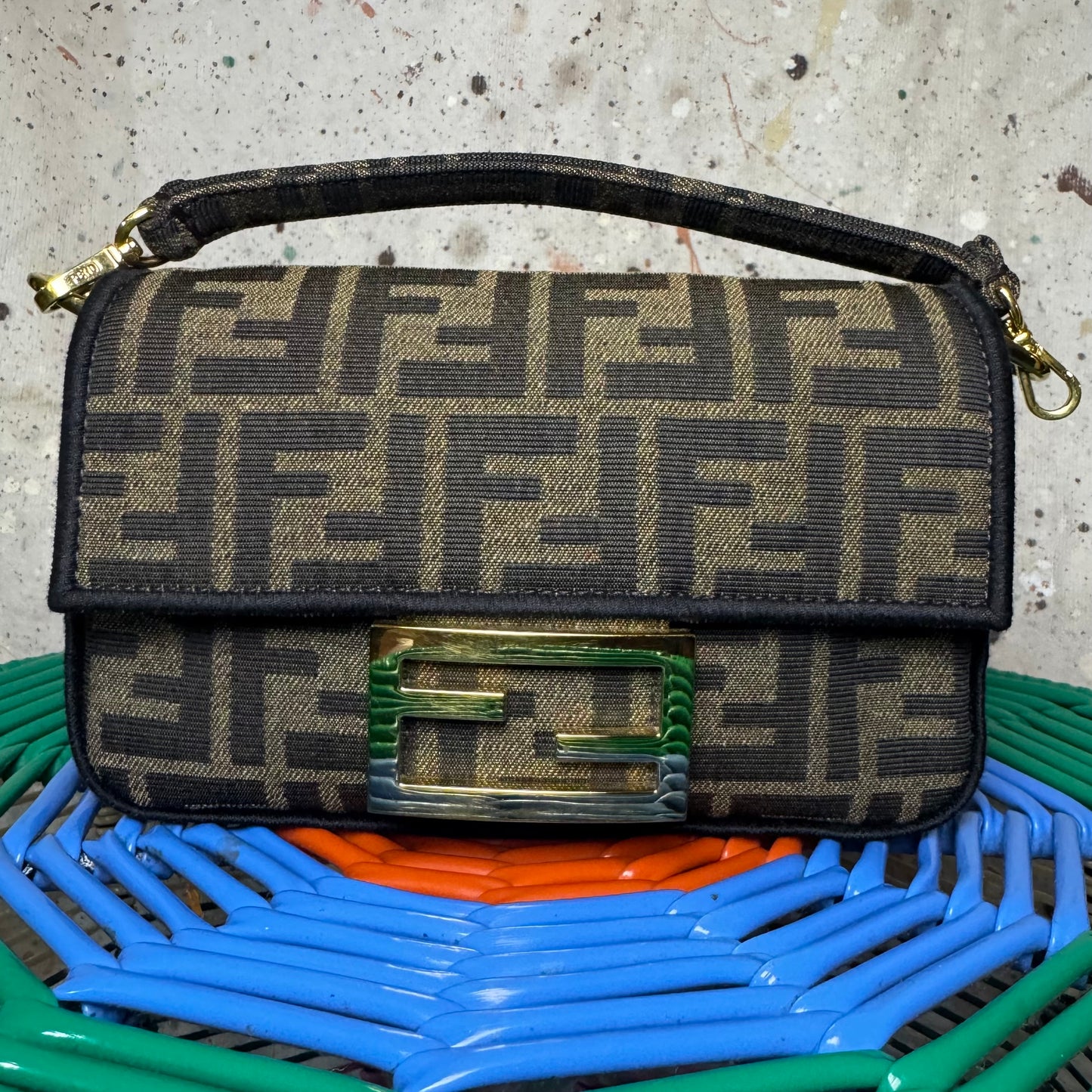 FENDI MINI BROWN FF MONOGRAM JACQUARD BAGUETTE