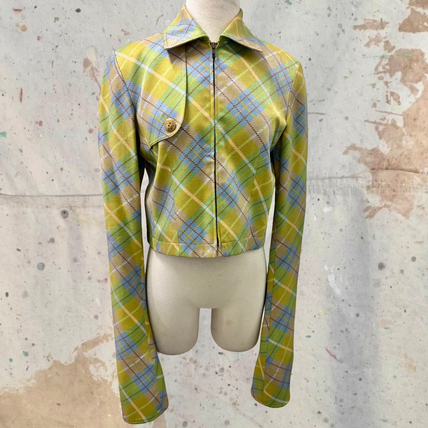 FW 2000 JOHN GALLIANO TARTAN PLAID EXTENDED SLEEVE CUFF ZIP COLLARED JACKET