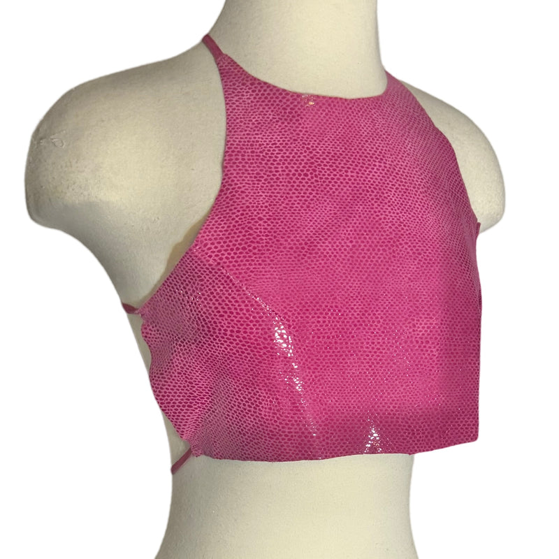 90s HOT PINK LEATHER SNAKE PRINTED HALTER CROP TOP