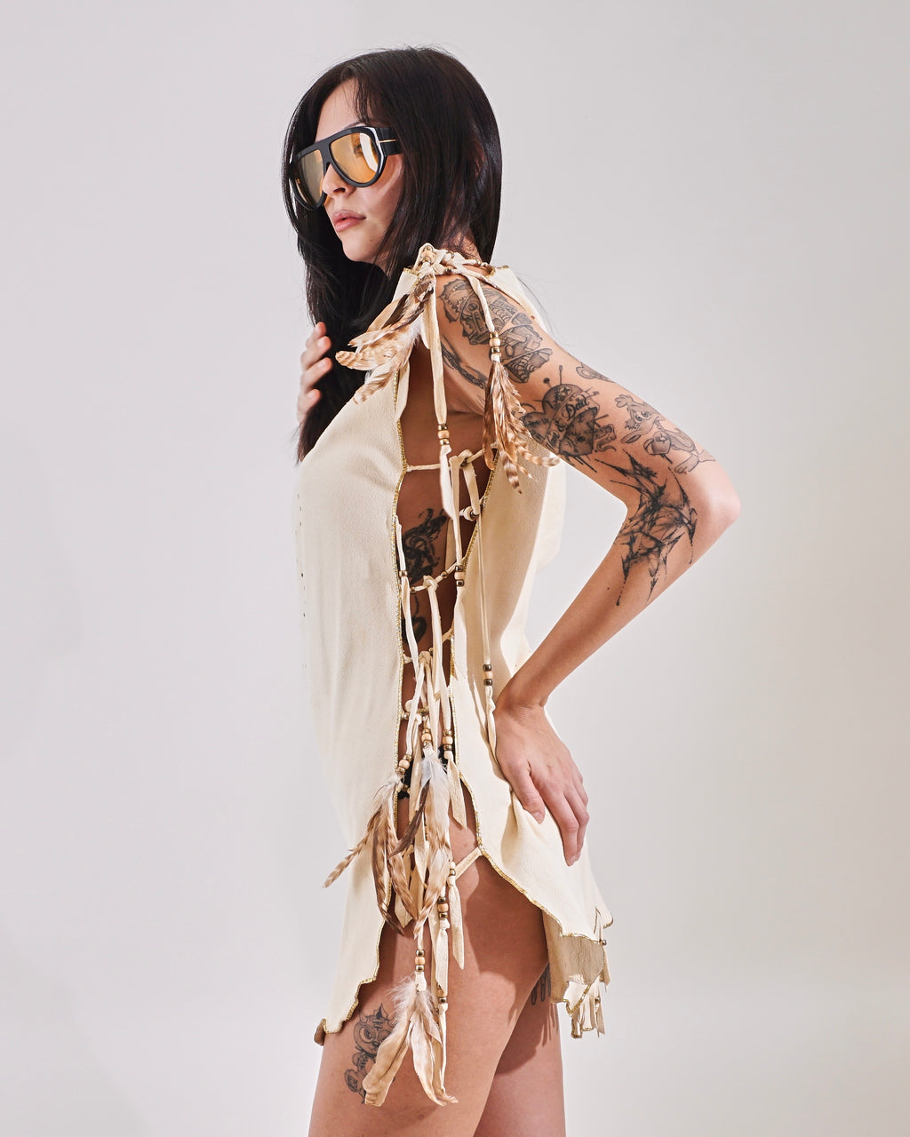 1980s open side tie feather lambskin dress