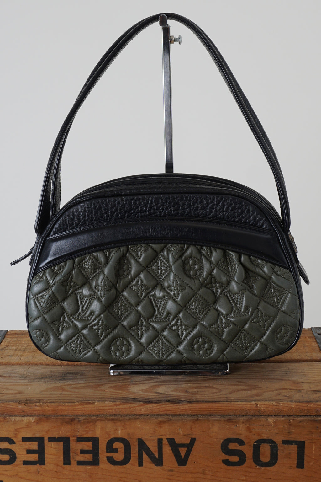 2005 KLARA VIENNA BLACK & OLIVE QUILTED MONOGRAM LAMBSKIN BOWLER HANDBAG