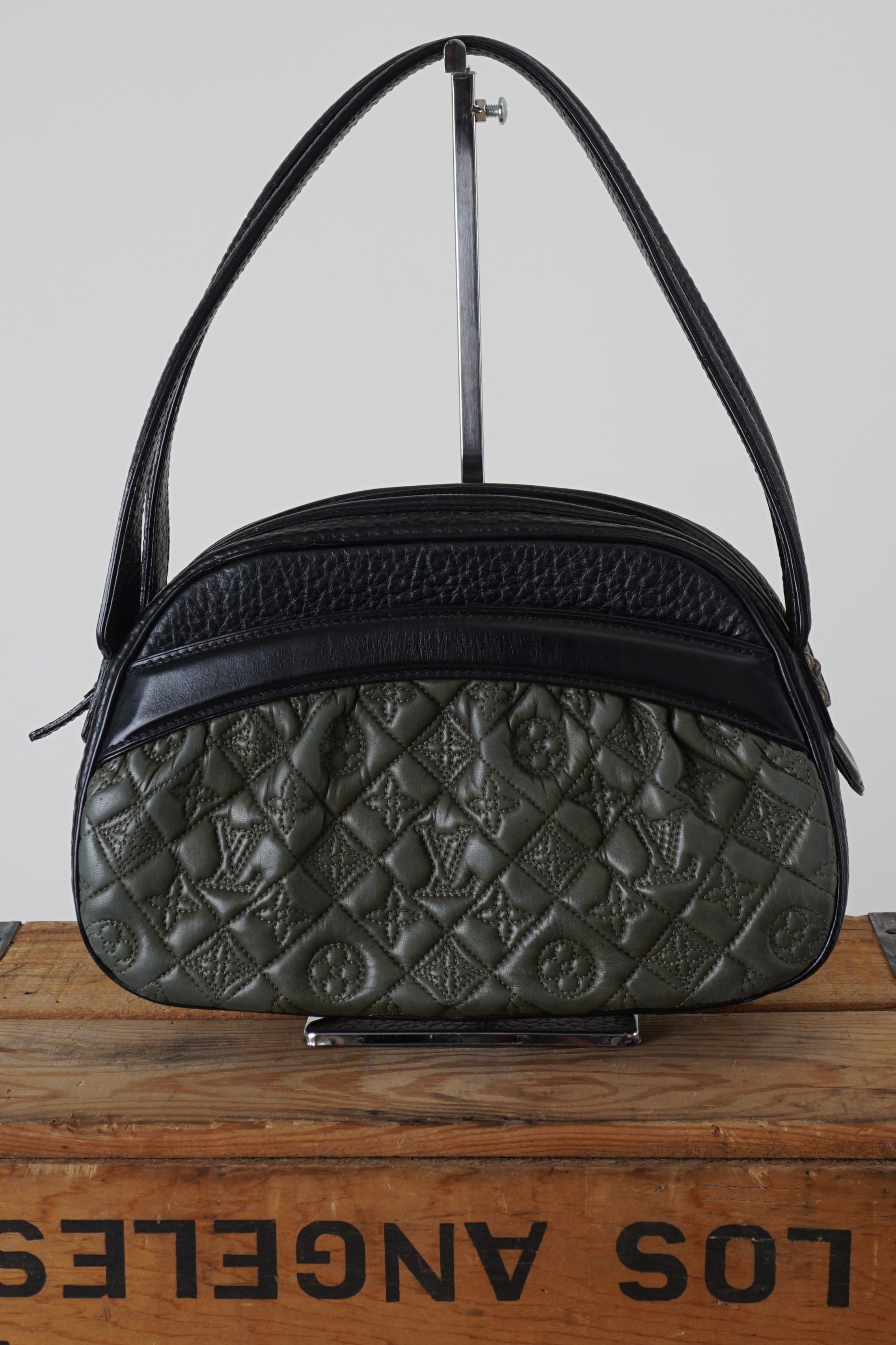 2005 KLARA VIENNA BLACK & OLIVE QUILTED MONOGRAM LAMBSKIN BOWLER HANDBAG