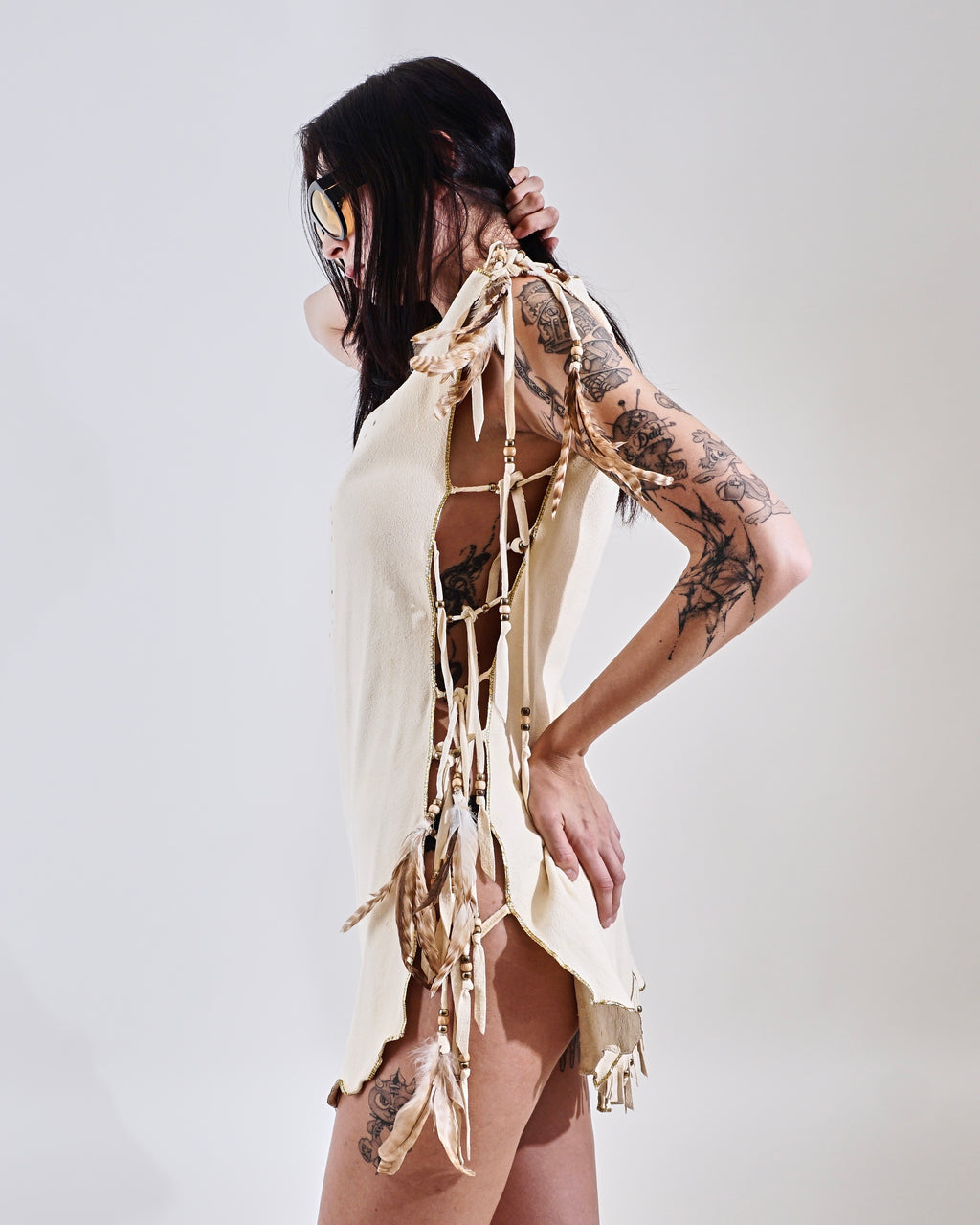 1980s open side tie feather lambskin dress