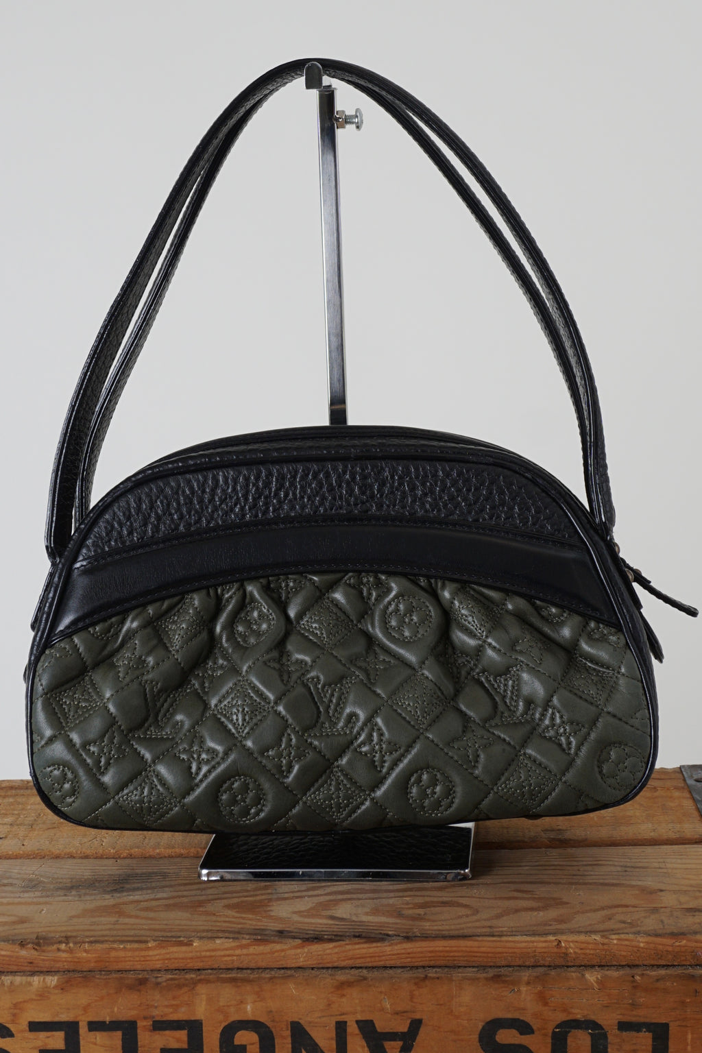 2005 KLARA VIENNA BLACK & OLIVE QUILTED MONOGRAM LAMBSKIN BOWLER HANDBAG