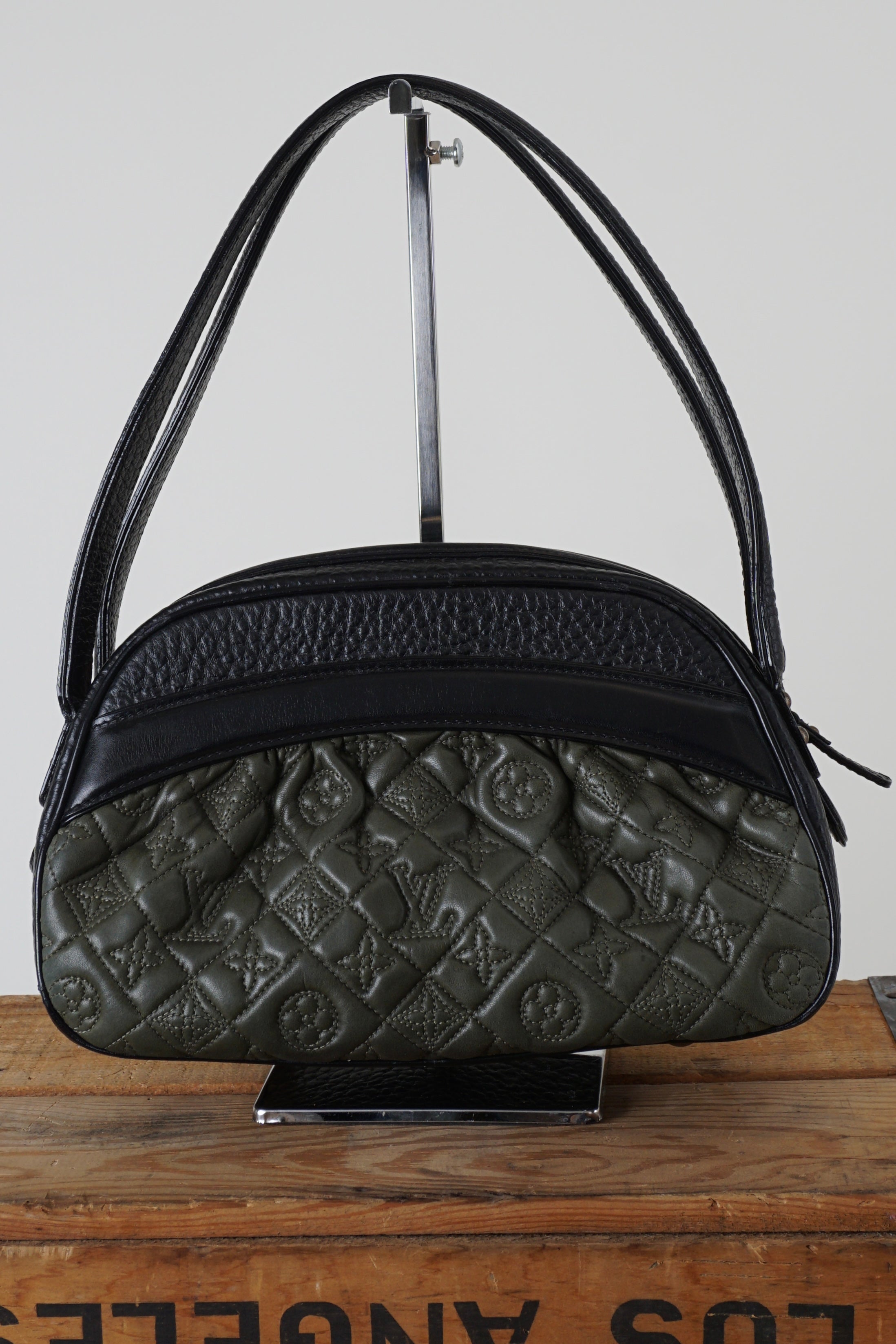 2005 KLARA VIENNA BLACK & OLIVE QUILTED MONOGRAM LAMBSKIN BOWLER HANDBAG