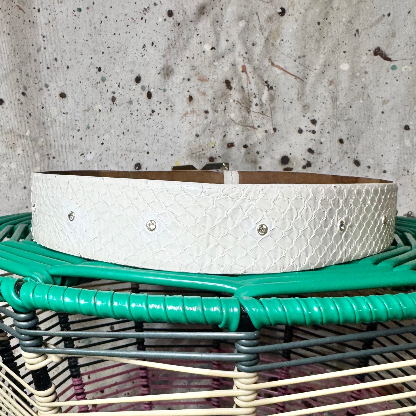 2000s DOLCE & GABBANA WHITE SNAKE PRINTED LEATHER CRYSTAL LOGO GOLD BUCKLE DG BELT