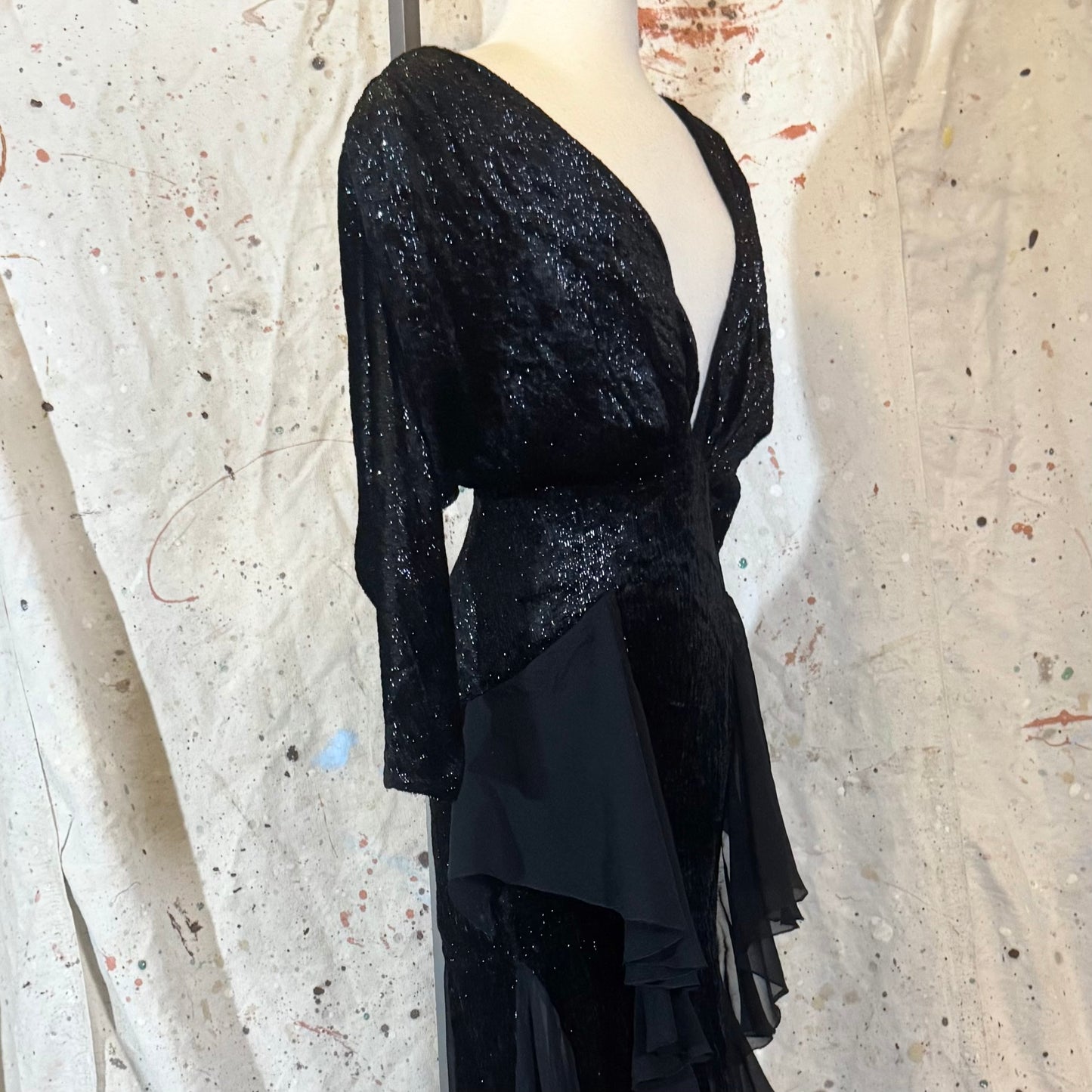 70s / 80s ITALIAN SILK GLITTER LONG SLEEVE LOW PLUNGING FRONT BACK SILK TIERED DRESS