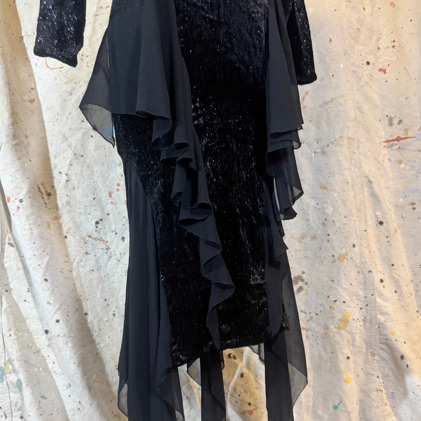 70s / 80s ITALIAN SILK GLITTER LONG SLEEVE LOW PLUNGING FRONT BACK SILK TIERED DRESS