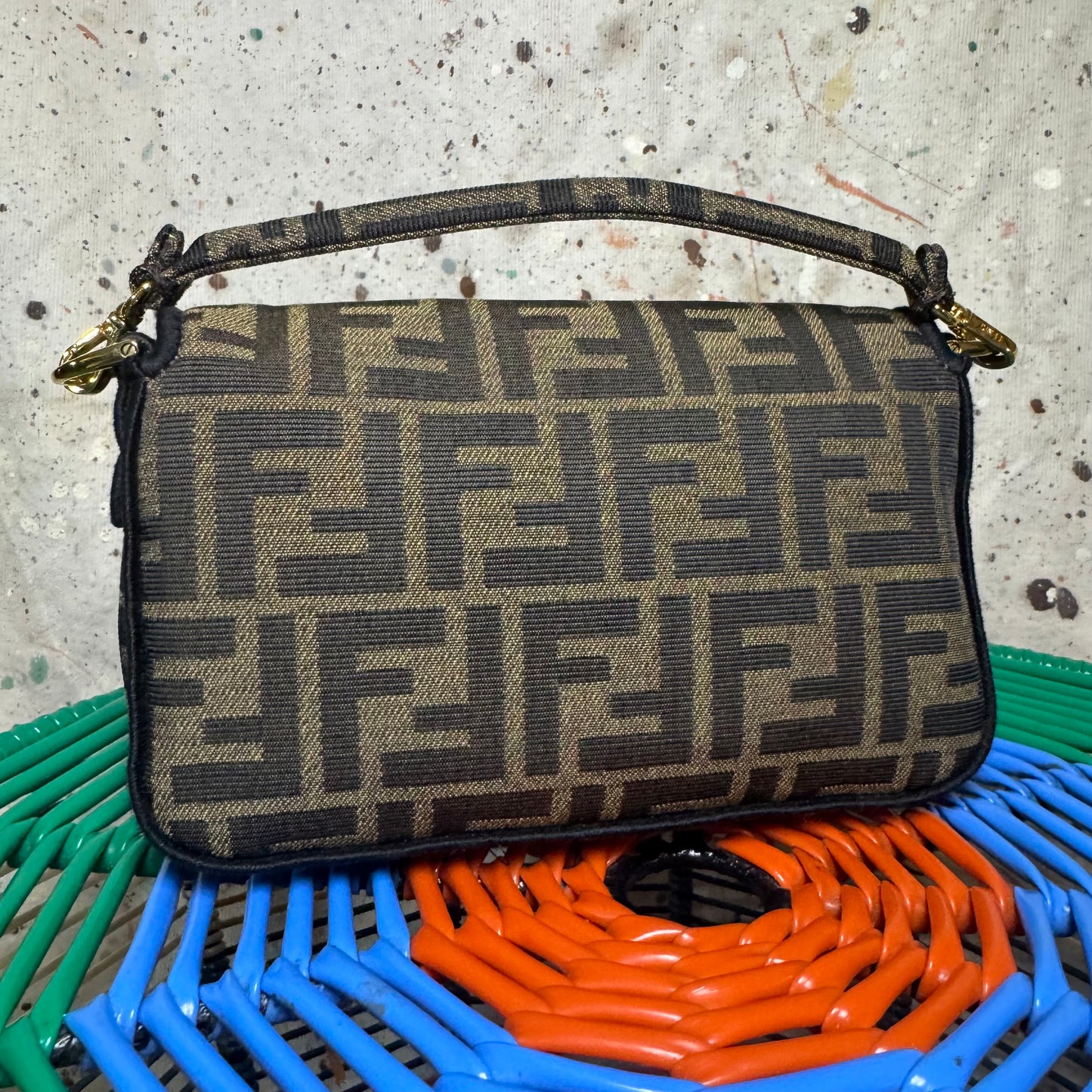 FENDI MINI BROWN FF MONOGRAM JACQUARD BAGUETTE