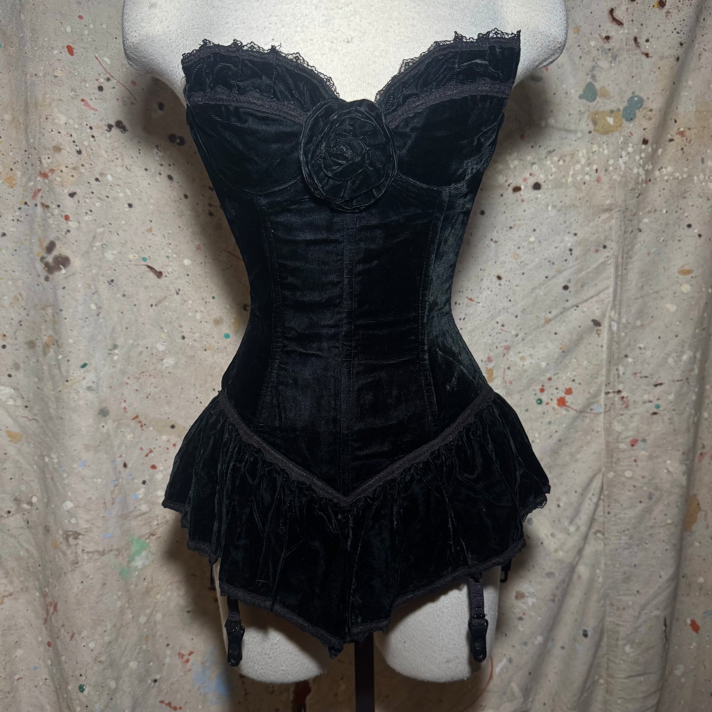 1990s TRASHY LINGERIE BLACK VELVET LACE FRILL FLOWER CORSET BUSTIER