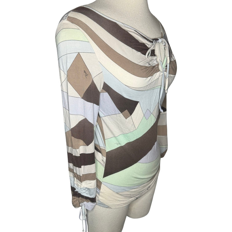 2000s EMILIO PUCCI ALL OVER PRINT KEYHOLE TIE LONG SLEEVE TOP