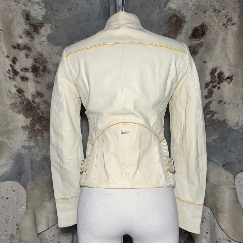 2000s GUCCI IVORY LEATHER MOTORCYCLE BUCKLE JACKET