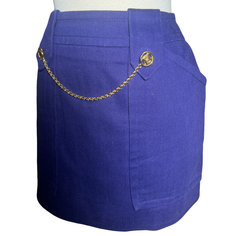 1970s CELINE GOLD CHAIN LOGO POCKET NAVY MINI SKIRT