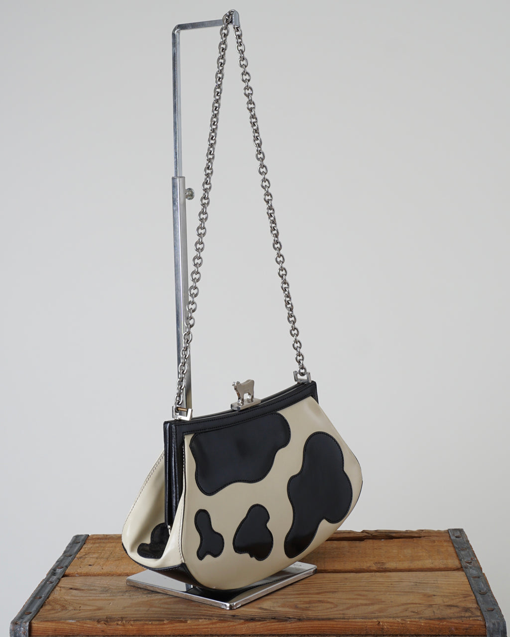 1990s Moschino Leather Kiss lock Cow Printed Bag
