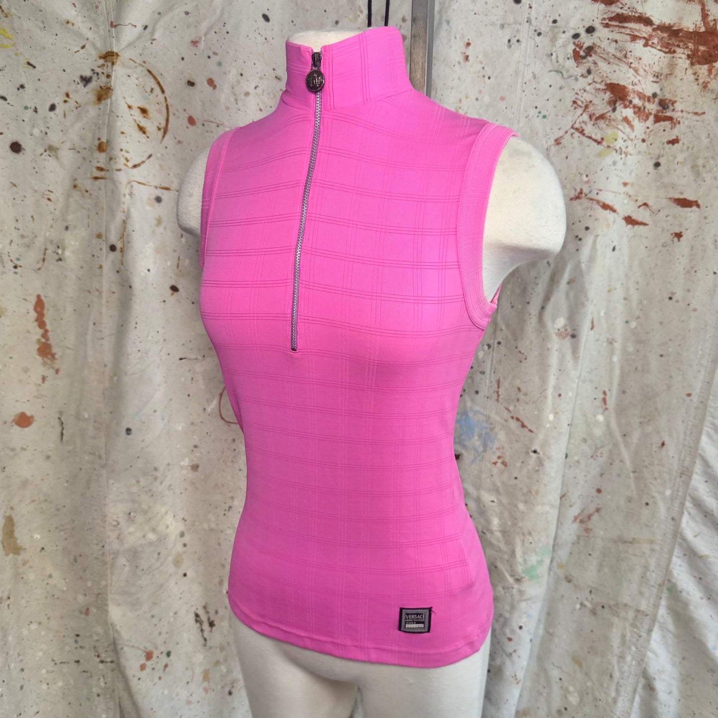90s VERSACE JEANS COUTURE PINK MEDUSA HEAD RIBBED HALF ZIP TANK S