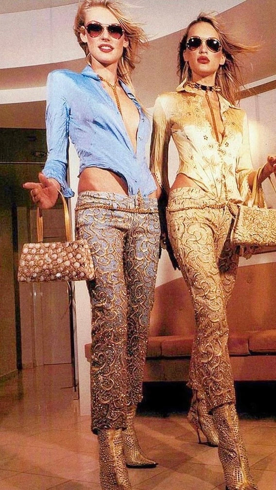 ROBERTO CAVALLI SS 2000 CAMPAIGN BEADED BLUE / GOLD PANTS