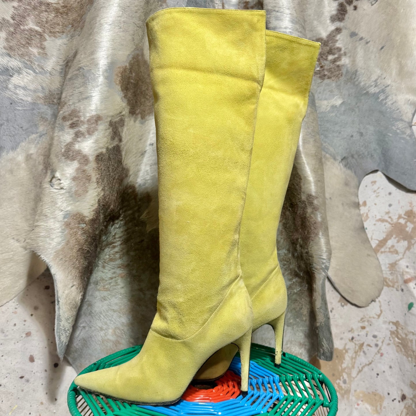 EMILIO PUCCI GREEN SUEDE FOLD OVER GEOMETRIC PRINT STILETTO BOOTS 39.5