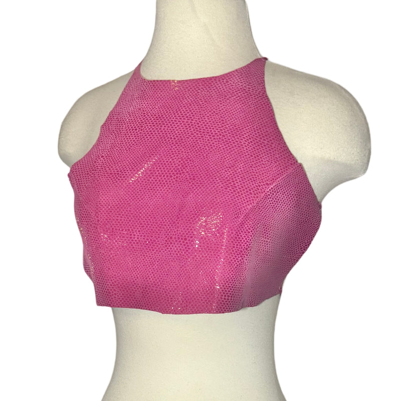 90s HOT PINK LEATHER SNAKE PRINTED HALTER CROP TOP