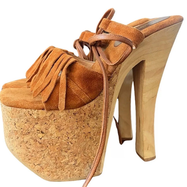 90s Ultra High Vintage luichiny Platform Suede Cork Heel Sandals 8