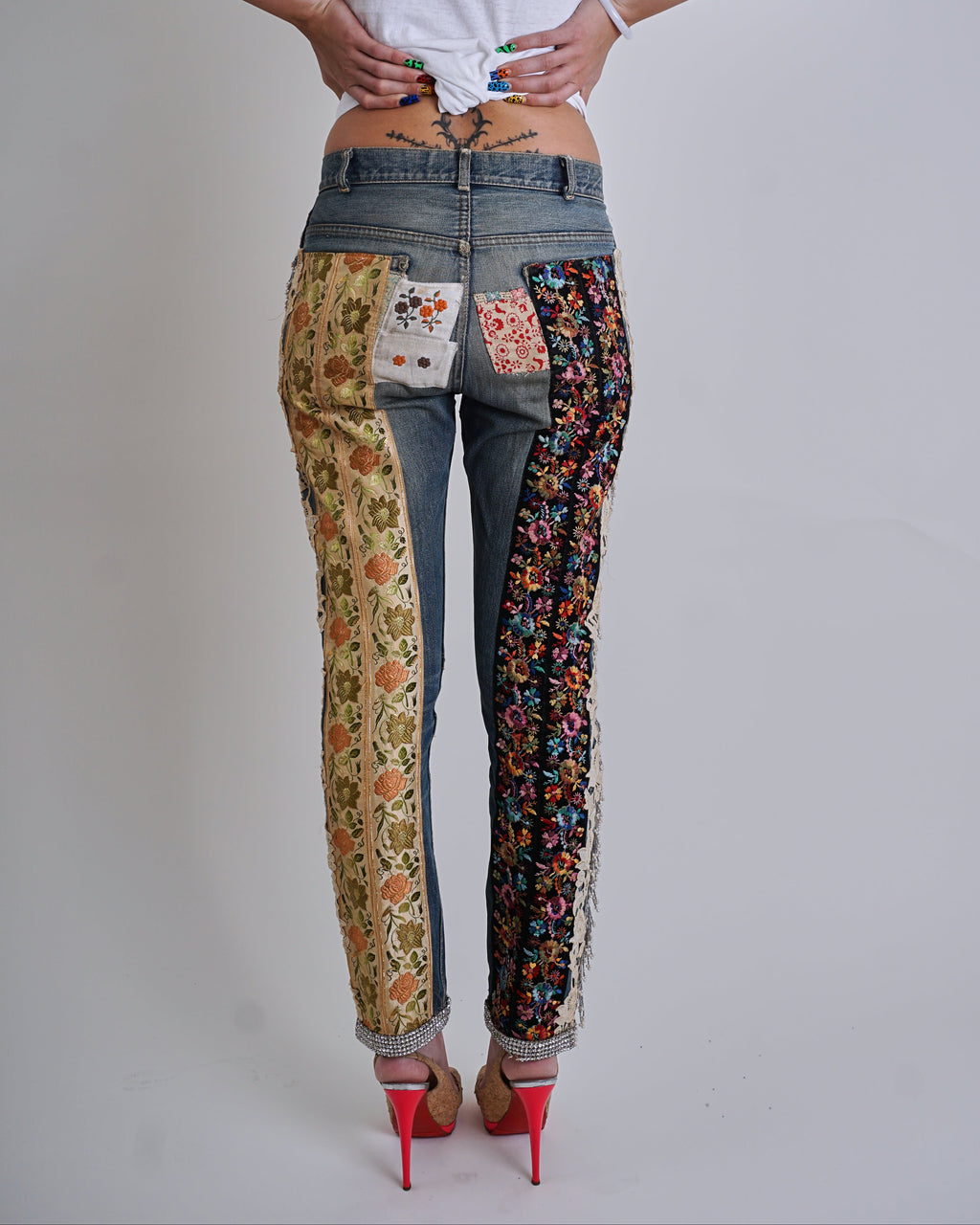 1970s Patchwork Tapestry Beaded Jeans