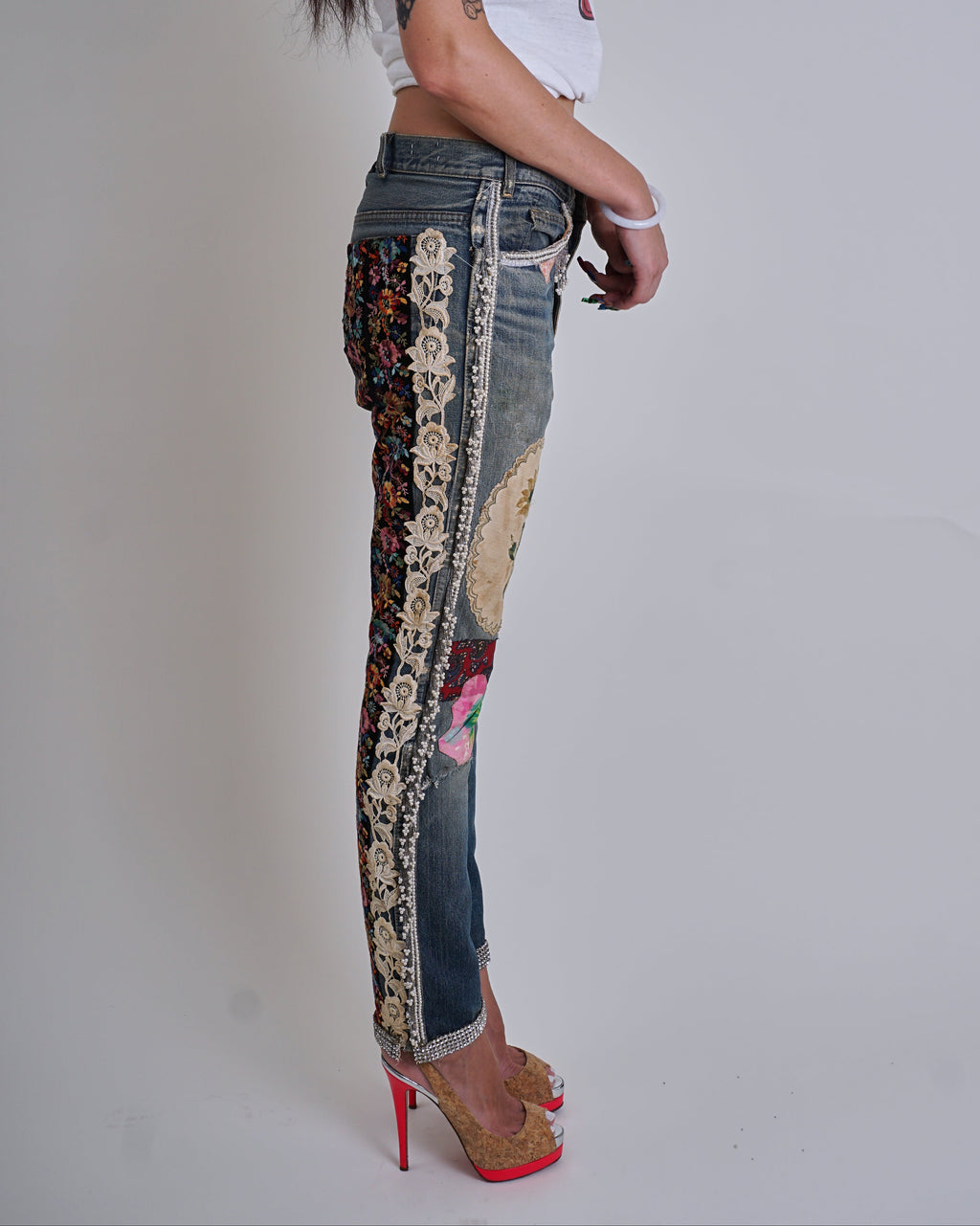 1970s Patchwork Tapestry Beaded Jeans