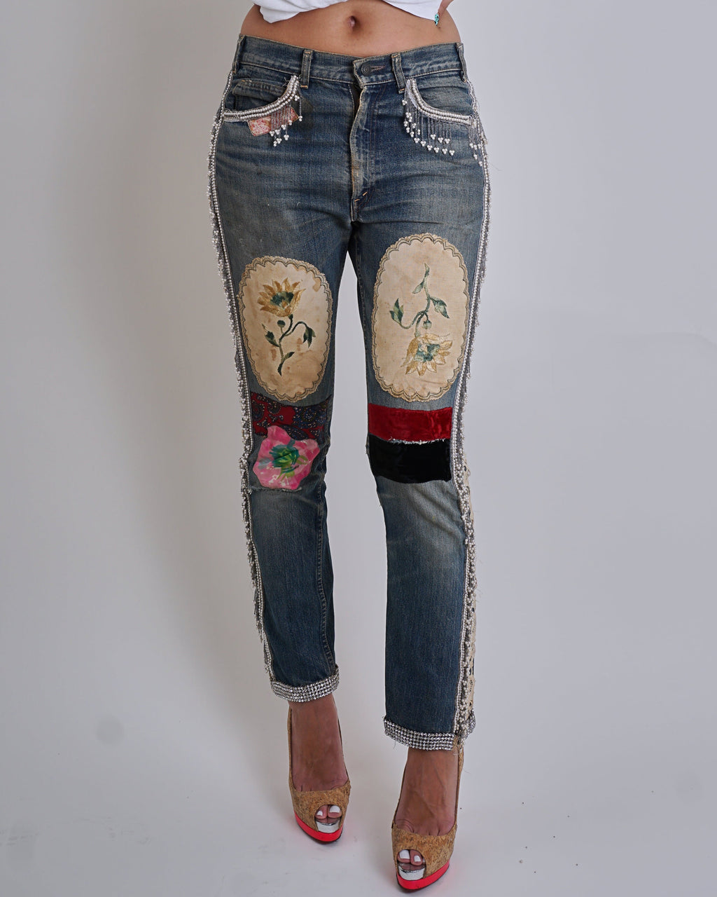 1970s Patchwork Tapestry Beaded Jeans