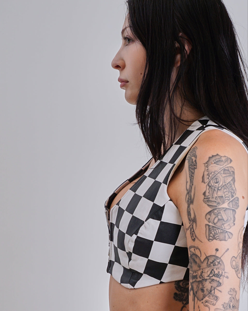 1980s Leather Checkerboard Zip Bustier Top