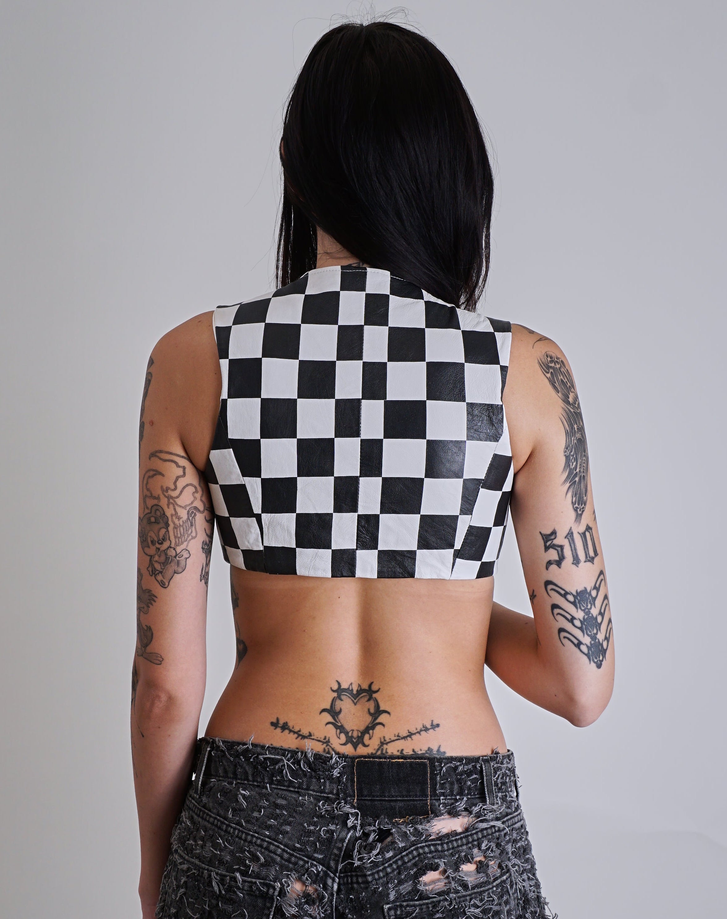 1980s Leather Checkerboard Zip Bustier Top