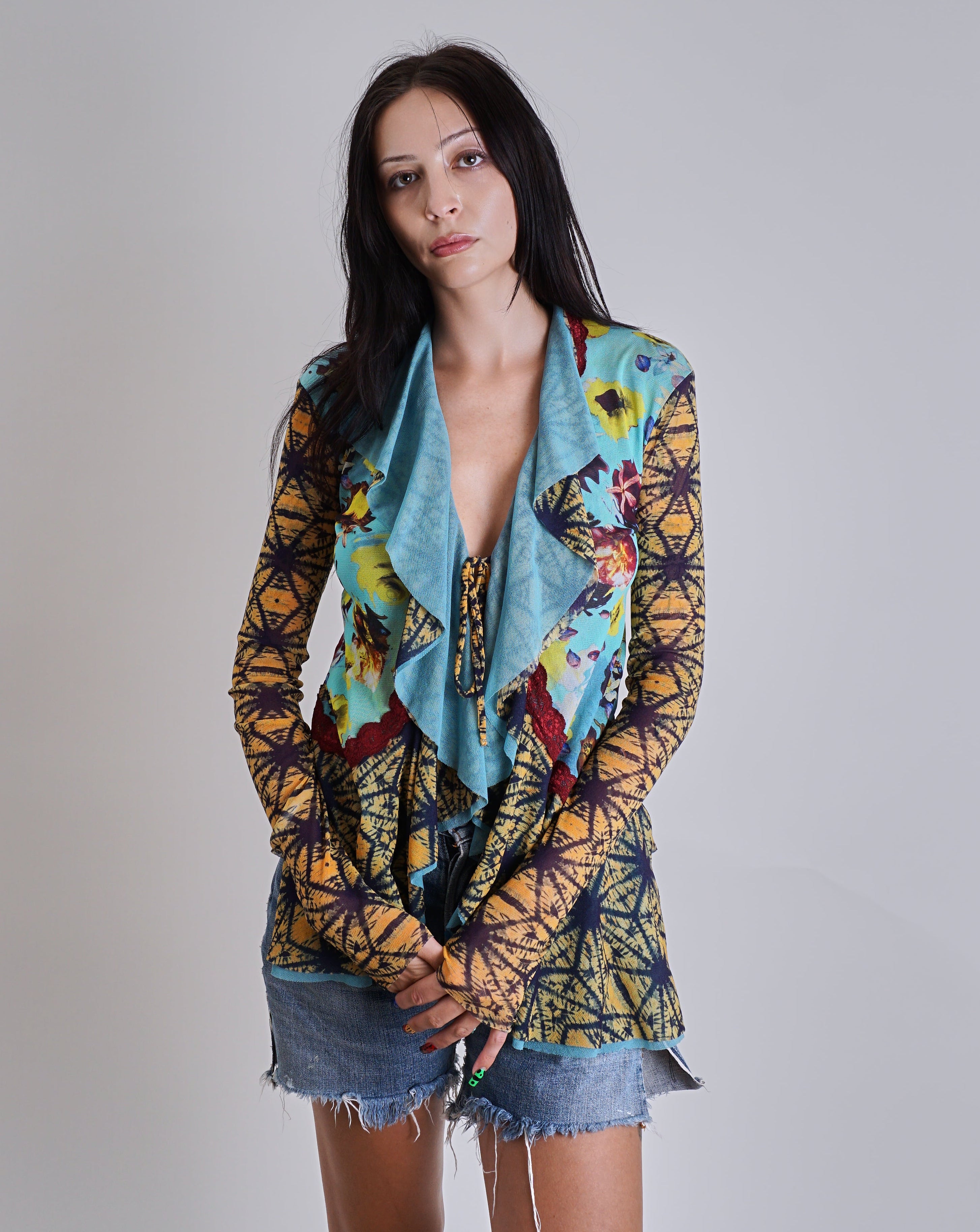 1990s Jean Paul Gaultier Mesh Tie front Frill Cardigan