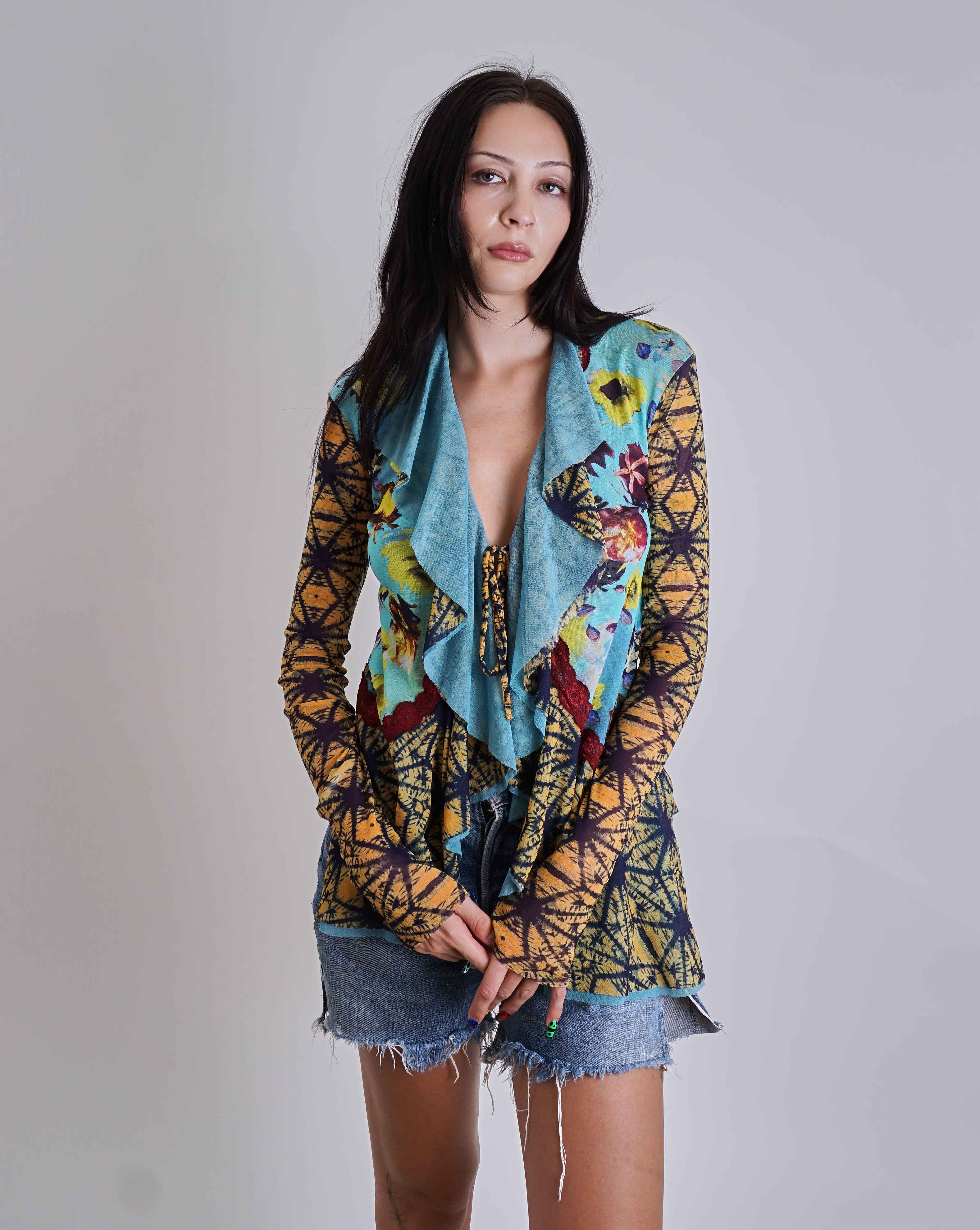 1990s Jean Paul Gaultier Mesh Tie front Frill Cardigan