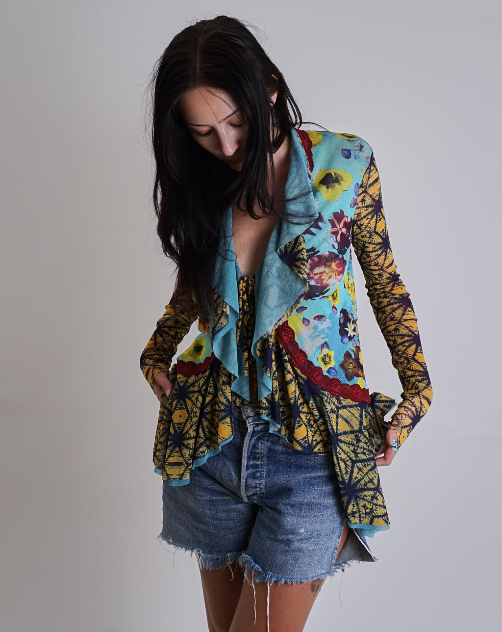 1990s Jean Paul Gaultier Mesh Tie front Frill Cardigan