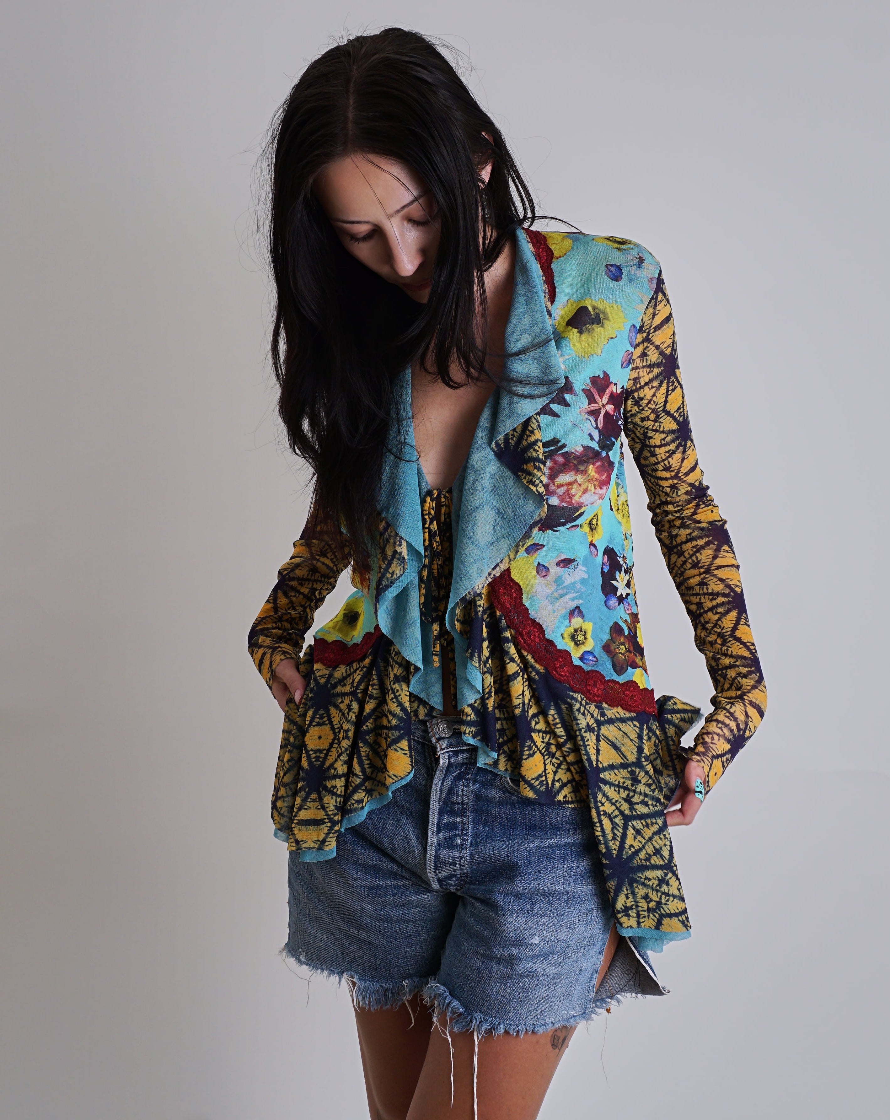 1990s Jean Paul Gaultier Mesh Tie front Frill Cardigan