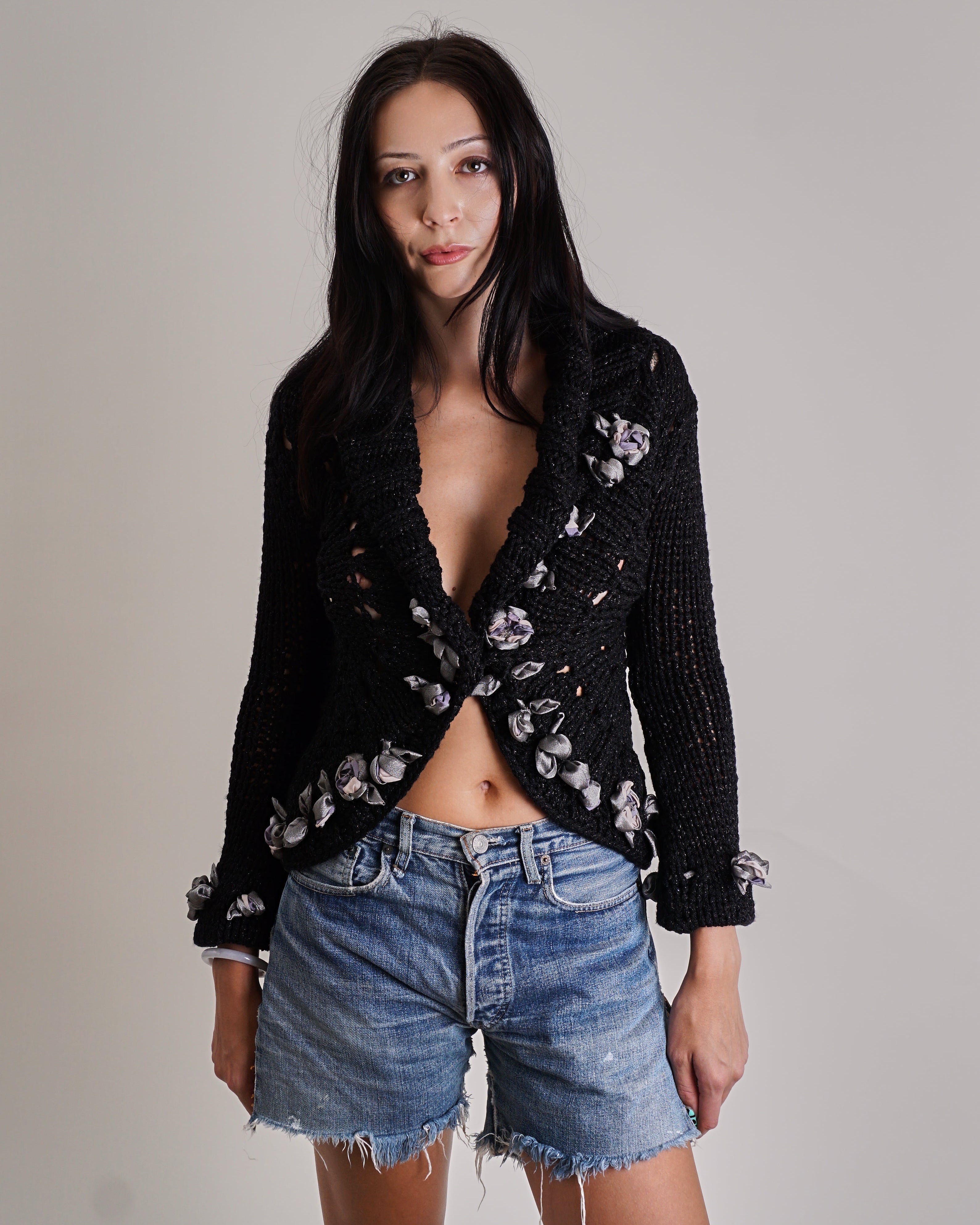 Blumarine Chunky Knit Black Floral Applique Cardigan