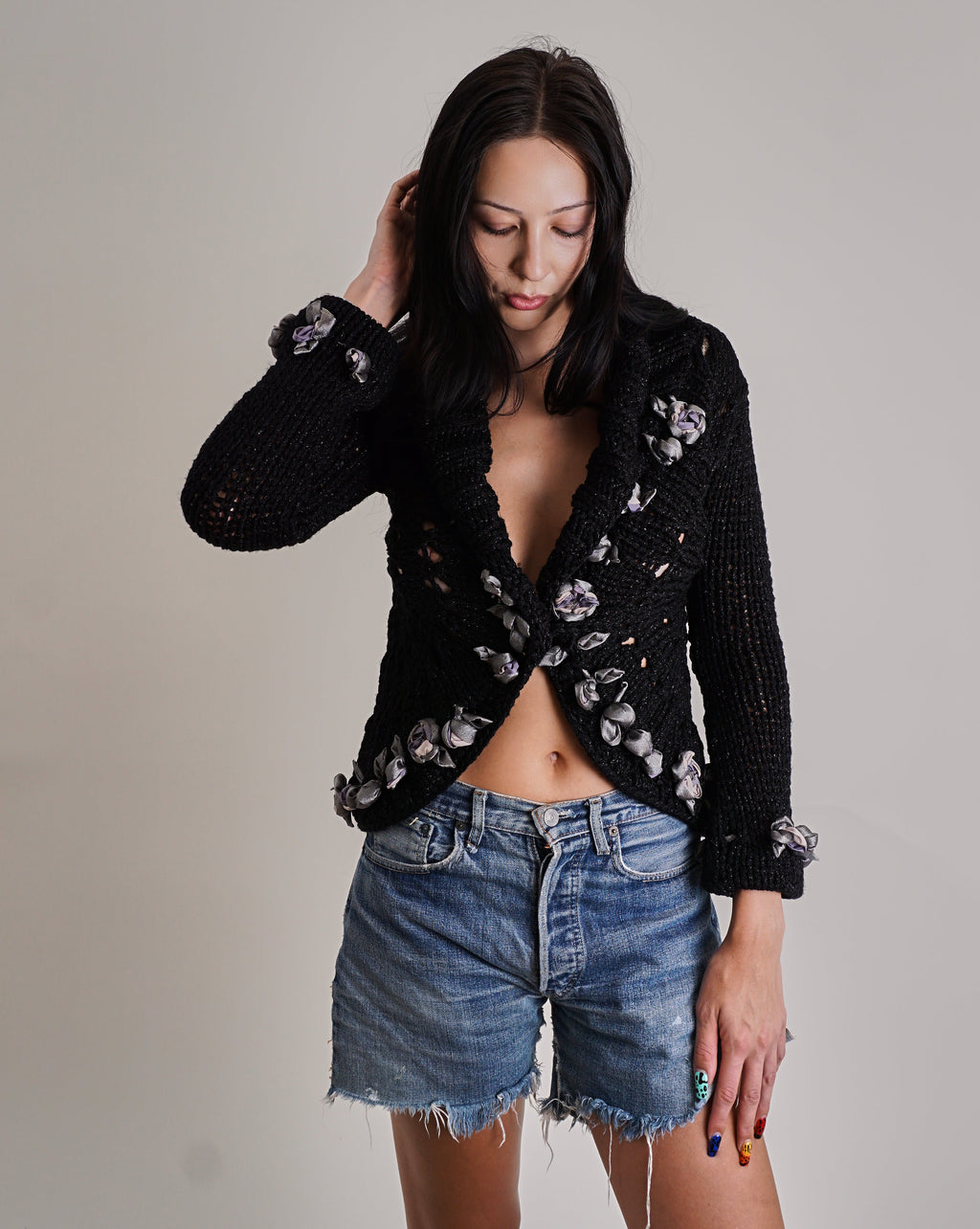 Blumarine Chunky Knit Black Floral Applique Cardigan