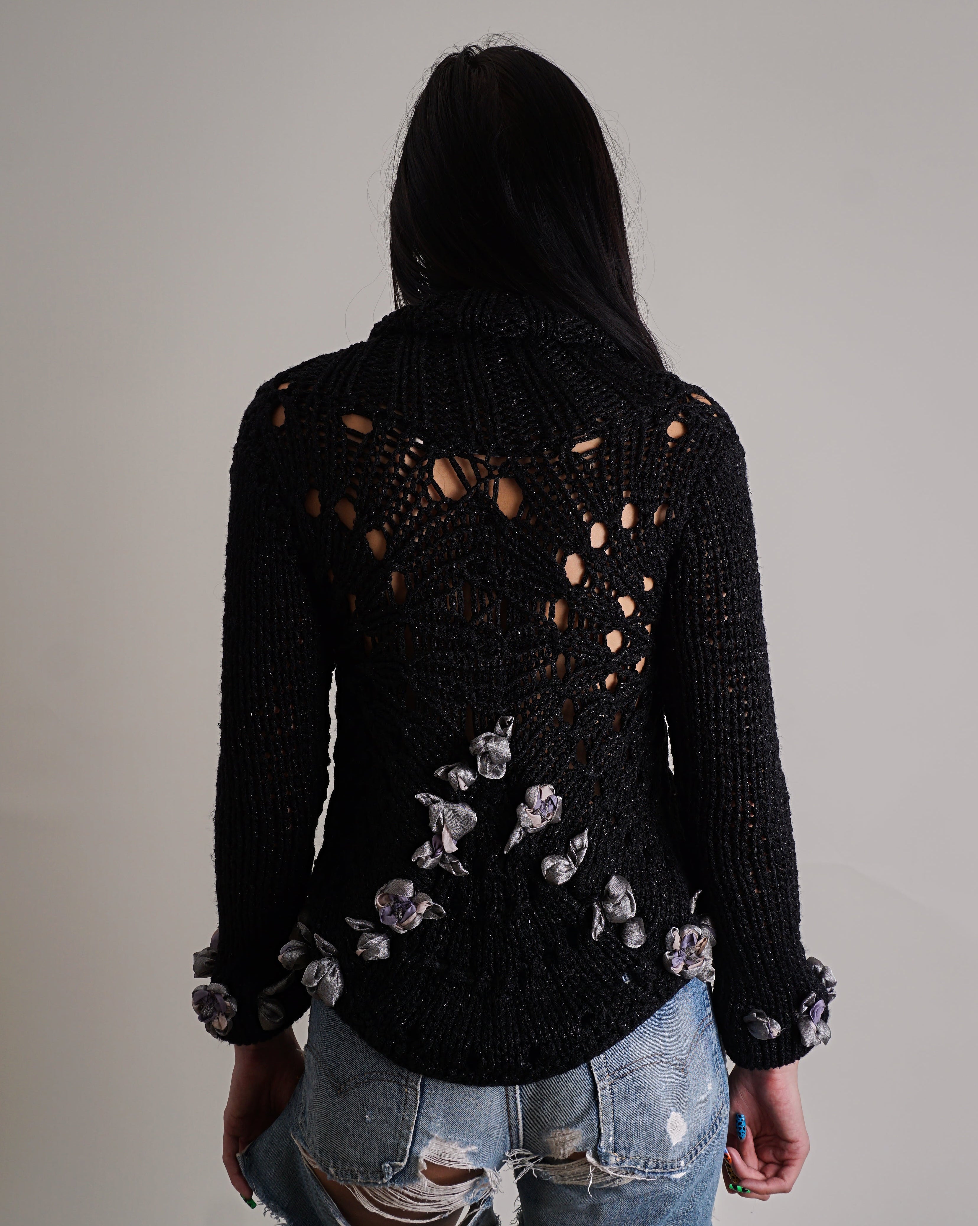 Blumarine Chunky Knit Black Floral Applique Cardigan