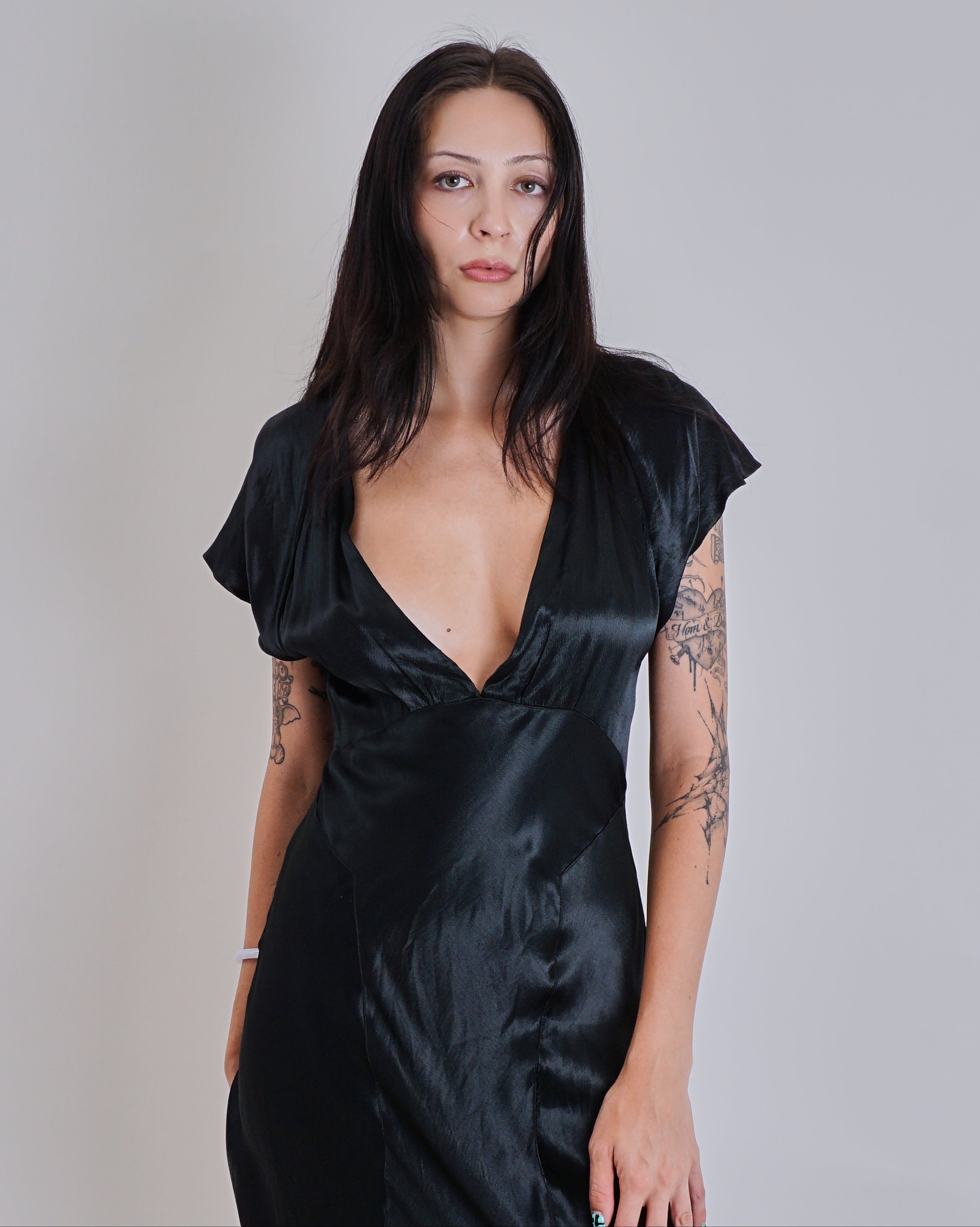1940's Liquid Satin Black Bias Cut Dress