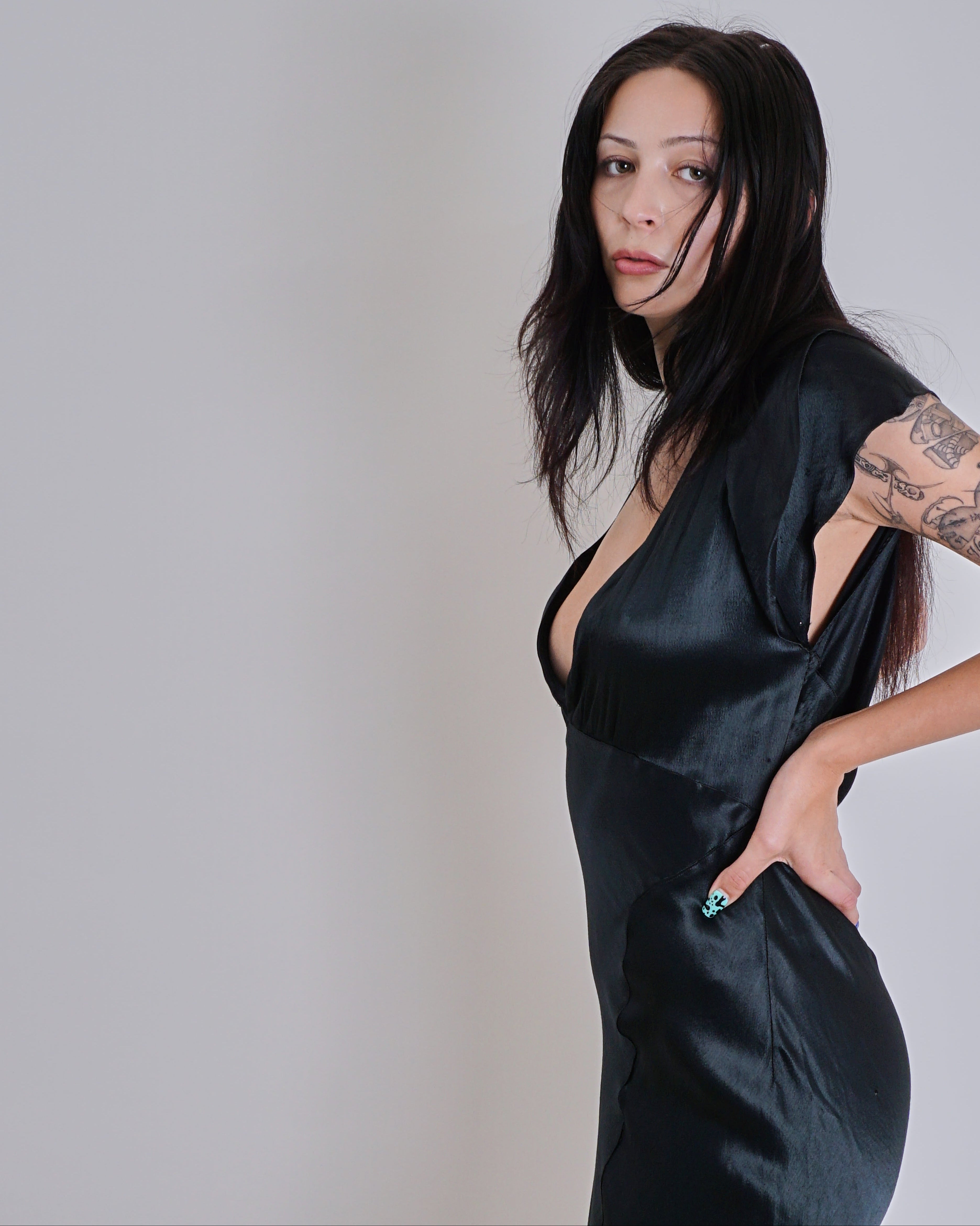 1940's Liquid Satin Black Bias Cut Dress