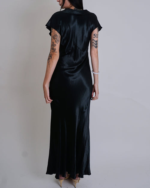 1940's Liquid Satin Black Bias Cut Dress