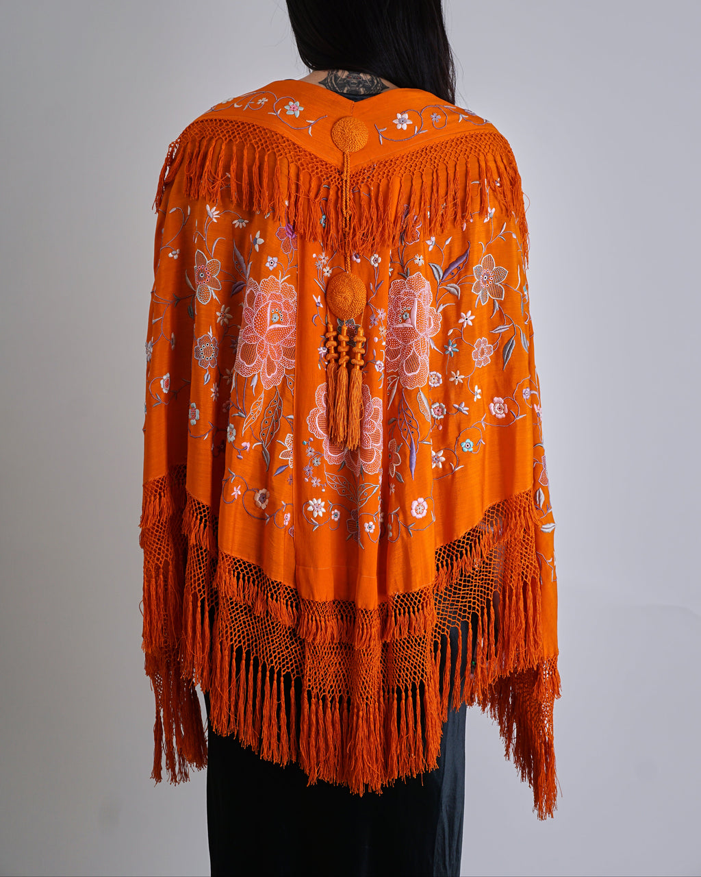 1920's Orange Mandarin Embroidered Silk Piano Shawl